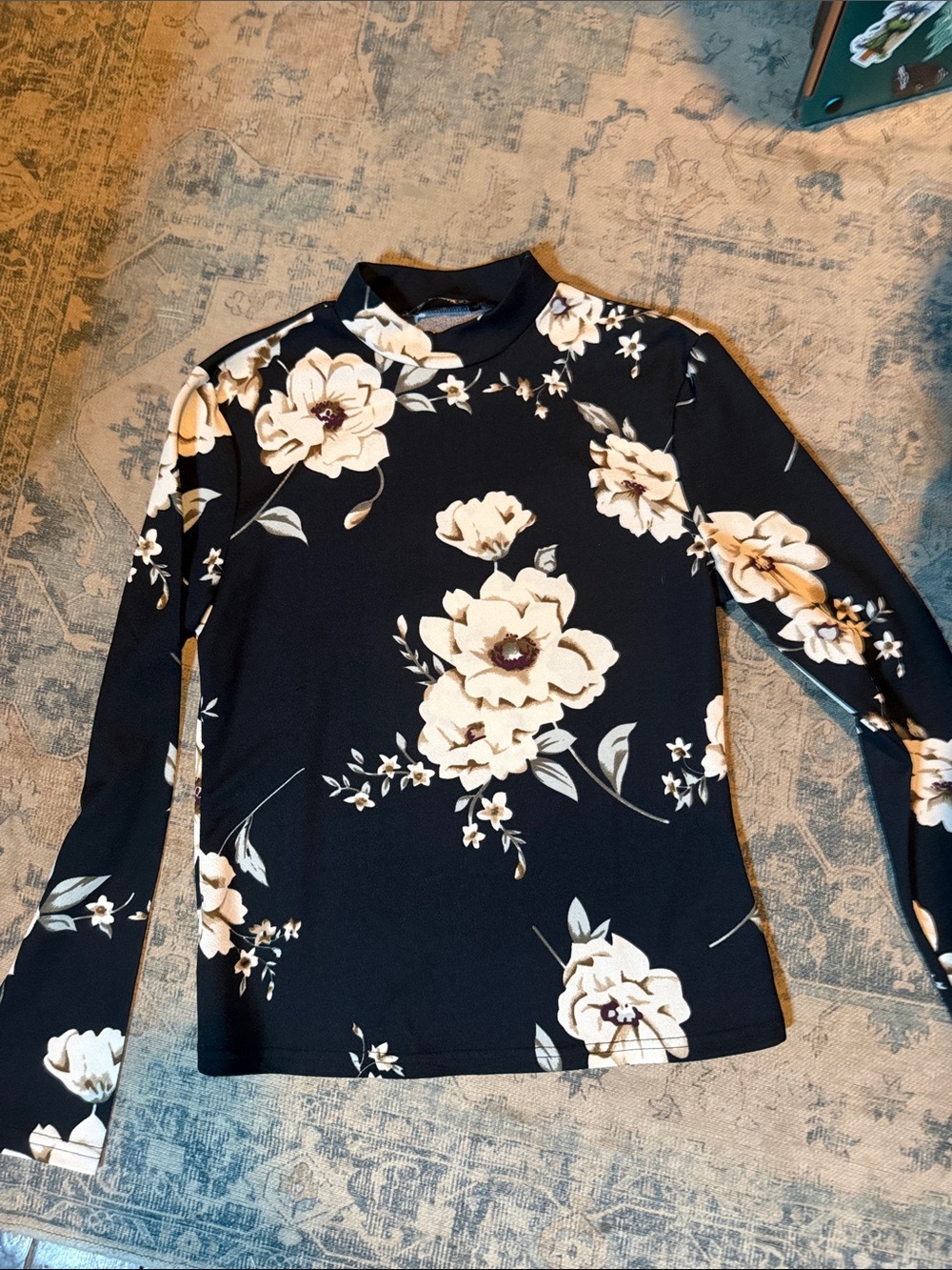 SHEIN Black Long-Sleeve Mock Neck Top with Cream Floral Print